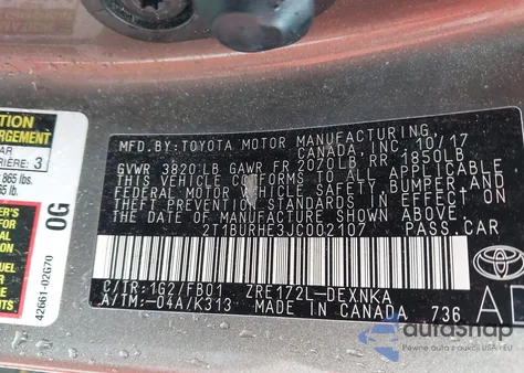 2018 Toyota Corolla Le z USA, uszkodzony, nr VIN 2T1BURHE3JC002107